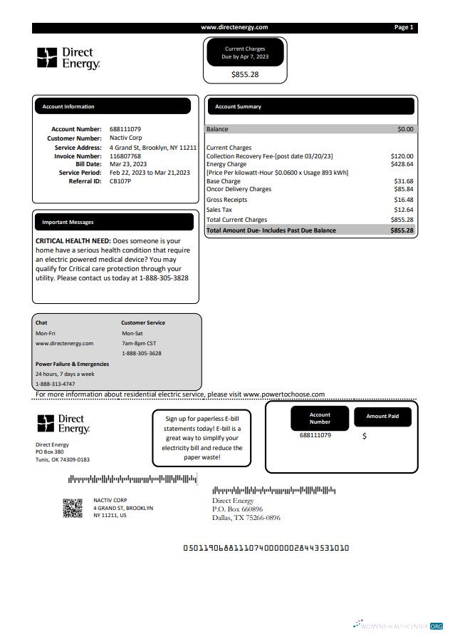 Download Texas Direct Energy utility business bill, Word and PDF template Photoshop template